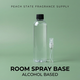 Room spray base with alcohol label on a green background, branded as Peach State Fragrance Supply.
