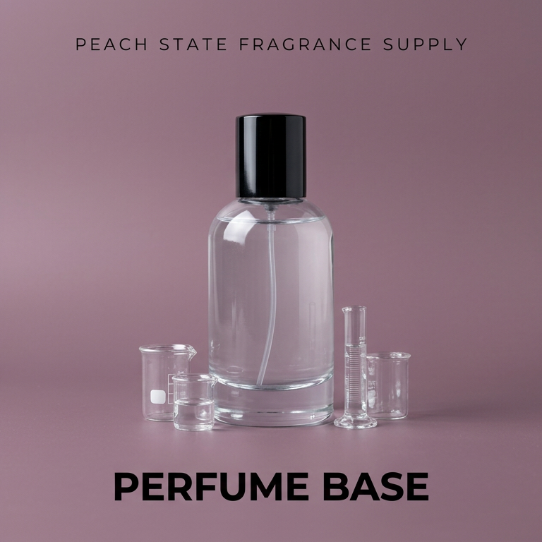 Perfume bottle with accessories on a pink background, featuring 'Peach State Fragrance Supply'.