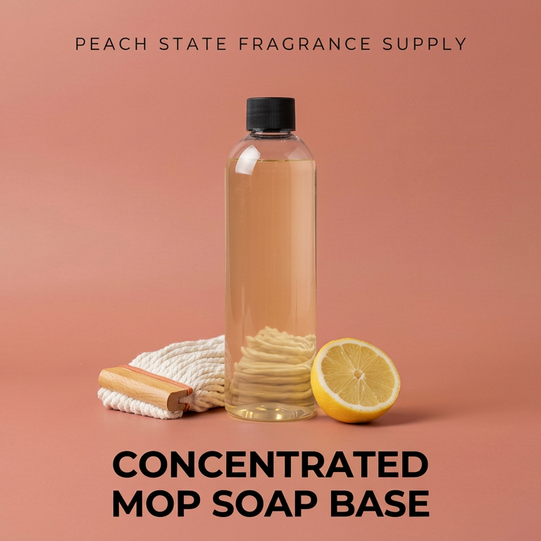 Bottle of concentrated mop soap base with a lemon and washcloth on a peach background, branded 'Peach State Fragrance Supply'.