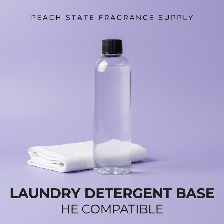 Clear laundry detergent bottle with a black cap on a purple background, featuring 'Peach State Fragrance Supply' branding.