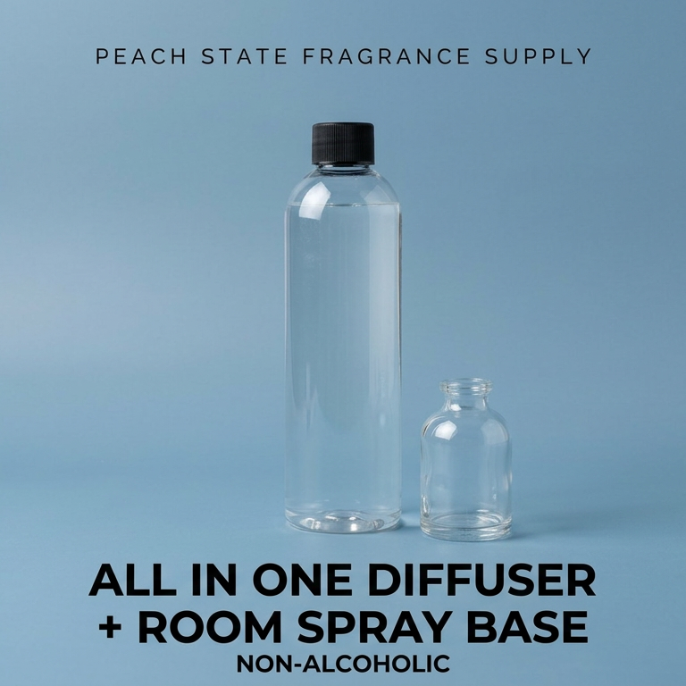 Clear diffuser and room spray bottles with Peach State Fragrance Supply branding on a light blue background.