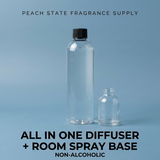 Clear diffuser and room spray bottles with Peach State Fragrance Supply branding on a light blue background.