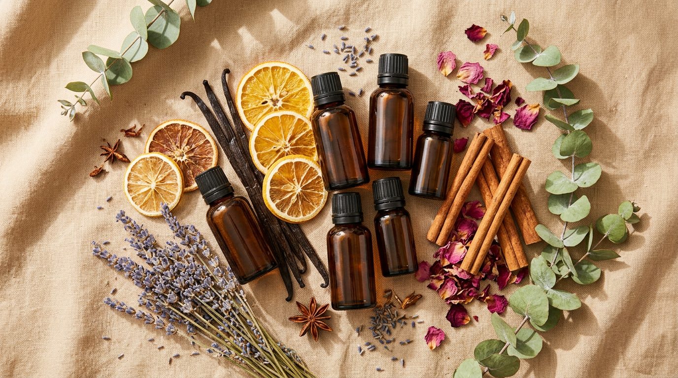 Fragrance oil bottles with dried orange and lavender