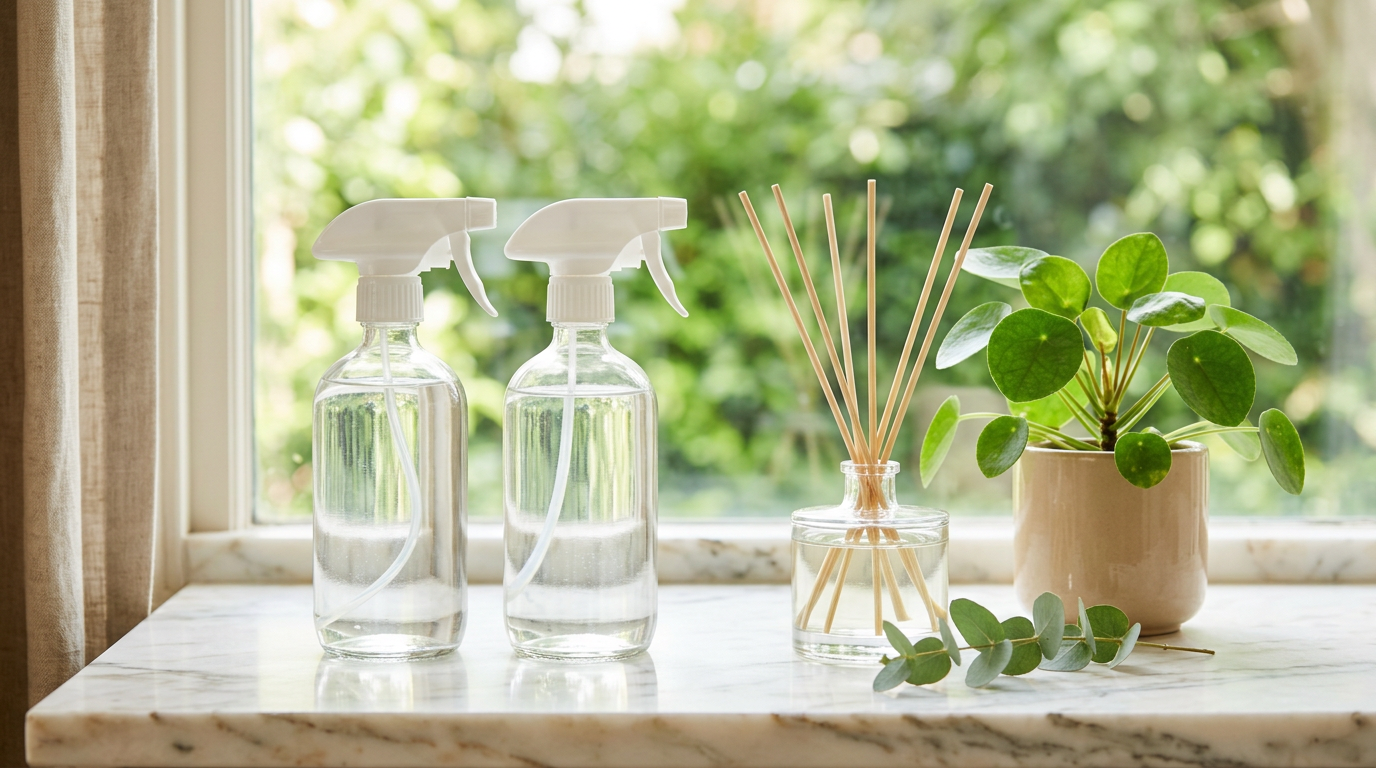 Room spray, hand soap, laundry base, and a reed diffuser on a wood shelf