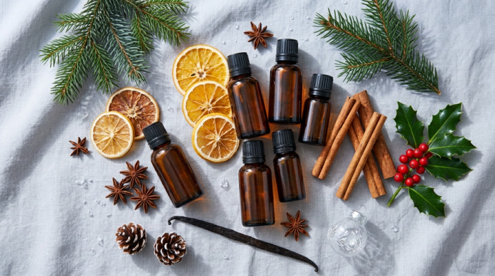 Amber oil bottles with pine, dried orange, holly, and cinnamon